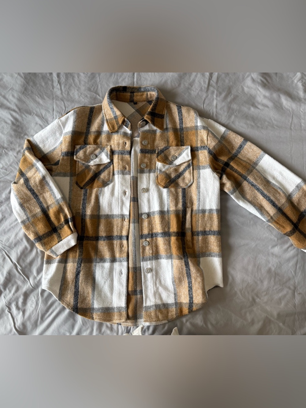 Women's Plaid Button-Down Shacket in Mustard and White